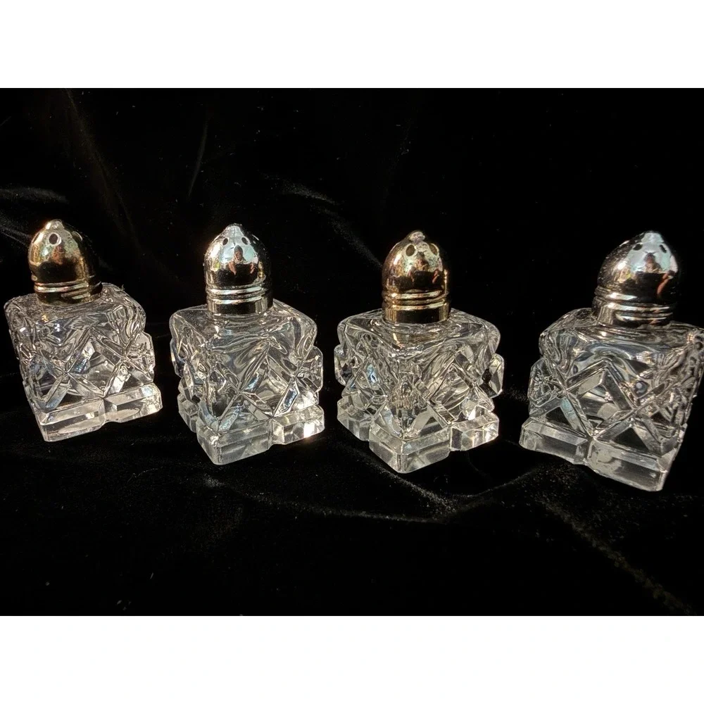Vintage Silver & Crystal Cut Glass Miniature Salt and Pepper Shakers Set of 4